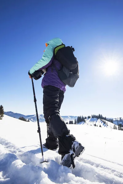 Winter uitgerust bergbeklimmer met trekking stokken — Stockfoto