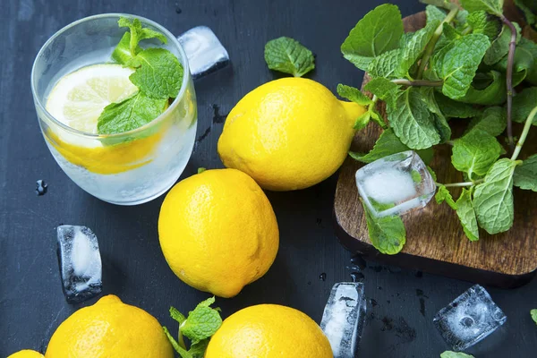 Soda de limón con hojas de menta y cubitos de hielo, cítricos frescos infundidos — Foto de Stock