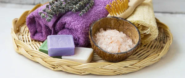 Spa items setting with natural soaps and salt, wellness still li — Stock Photo, Image