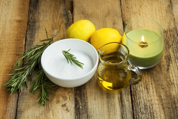 Natural homemade skincare products with baking soda, lemon, rose — Stock Photo, Image