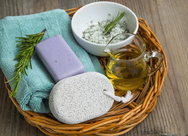 Skincare spa still life with natural soap, rosemary herb, olive — Stock Photo, Image