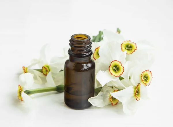 Daffodlils essentiële oliën fles met narcissen bloemen — Stockfoto