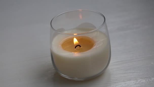 Candle jar burning, scented candle flame burning — Stock Video