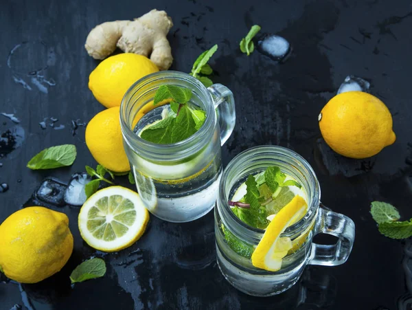 Vasos de cócteles mojito frescos con menta fresca y limones en dar — Foto de Stock