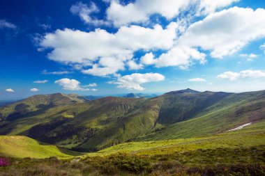 Bulutlu gökyüzü ve çayırlar, Rodnei Dağları, Romanya ile yaz aylarında dağ manzarası