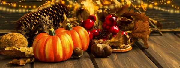 Calabazas de otoño con luces festivas y decoraciones en ba de madera — Foto de Stock