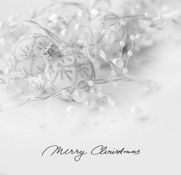 Festive Classic Christmas greeting with silver balls and pearls — Stock Photo, Image