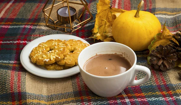 Гаряча кава або шоколадна чашка на затишній ковдрі з печивом та авто — стокове фото