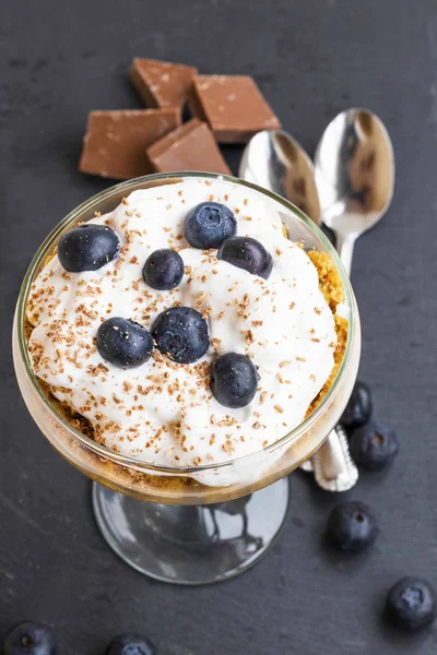 Tiramisu dessert in a glass with mascarpone cream and blueberrie — Stock Photo, Image