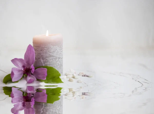Спа-натюрморт с ароматной свечой и цветком магнолии возле Вата — стоковое фото