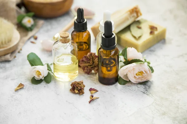 Botellas Aceite Aceites Esenciales Extractos Plantas Belleza Natural Cuidado Piel —  Fotos de Stock