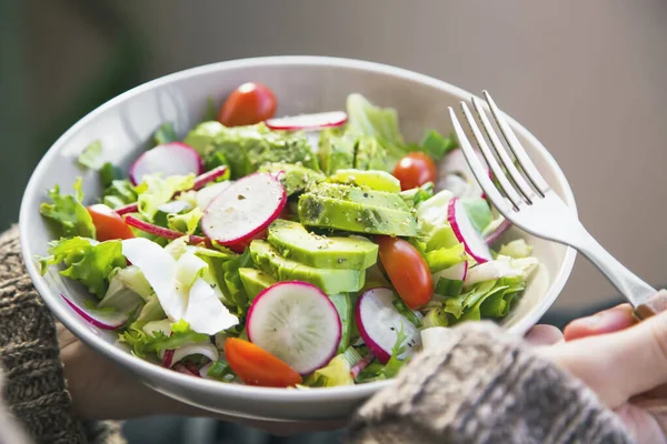 Ren Ätande Vegan Hälsosam Salladsskål Kvinna Som Innehar Salladsskål Växtbaserad — Stockfoto