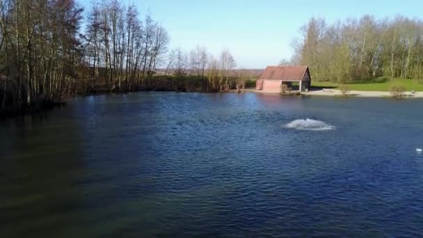 Aerial View Wind Turbines Stream Water Countryside — Stock Video