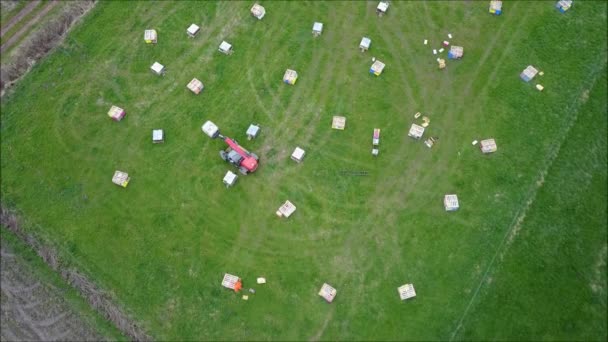 Aerial View Beekeeper His Hives — Stock Video