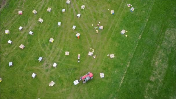 Aerial View Beekeeper His Hives — Stock Video