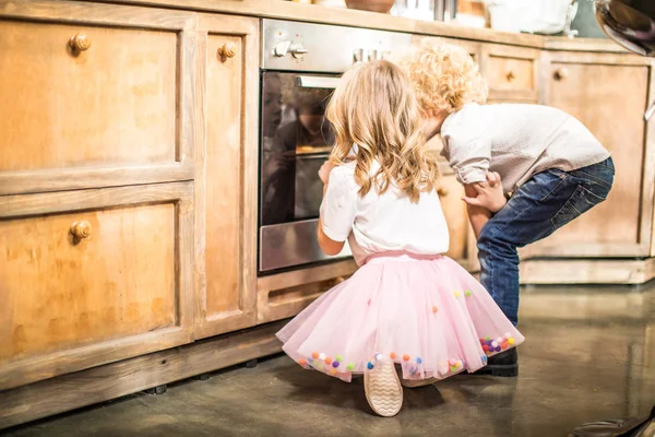 Niños mirando en el horno — Foto de Stock