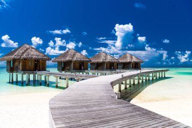 Plaj arka plan ile güneş, palmiye ağaçları ve güzel mavi deniz ve mavi gökyüzü ile kum üzerinde ahşap Oda plaj yaz seyahat için şaşırtıcı. Holiday beach arka plan kavramı.