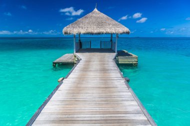 Tropik ada cennet plaj Maldivler mükemmel. Uzun iskelesi ve geleneksel tekne dhoni.