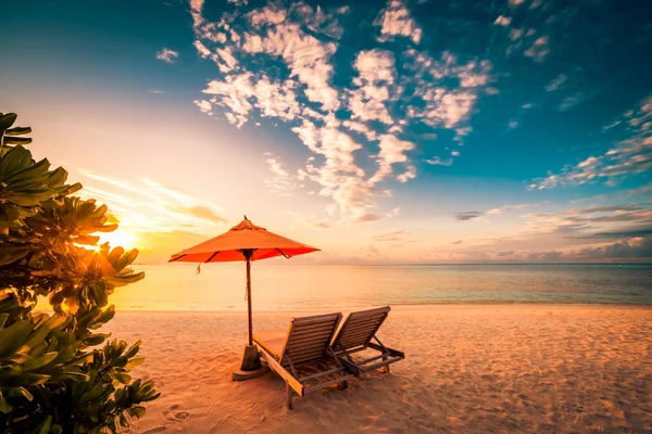 Nádherná pláž zázemí pro letní cestování s slunce, kokos strom a pláž dřevěná postel na písku s krásného modrého moře a modrá obloha. Letní nálada sun beach pozadí koncepce. — Stock fotografie