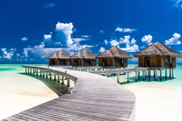 Verbazingwekkend beach achtergrond voor zomer reizen met palmbomen, zon en strand met houten bed op het zand met prachtige blauwe zee en blauwe lucht. Concept vakantie strand-achtergrond. — Stockfoto