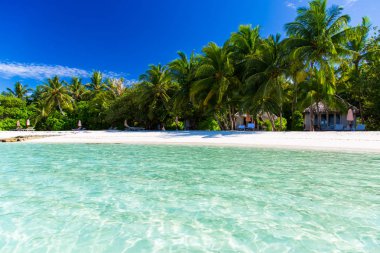 Mükemmel sakin plaj sahne, yumuşak güneş ışığı ve tropikal manzara olarak beyaz kumları ve mavi sonsuz deniz