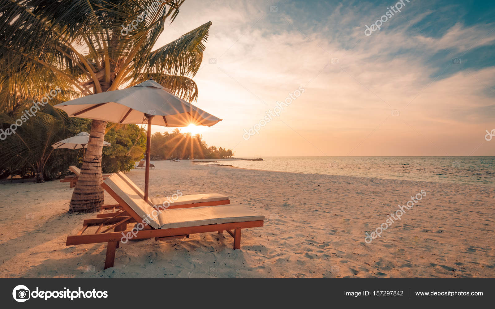 Beautiful Beach Background For Summer Travel With Sun Coconut Tree And Beach Wooden Bed On Sand With Beautiful Blue Sea And Blue Sky Summer Mood Sun Beach Background Concept Stock Photo Image