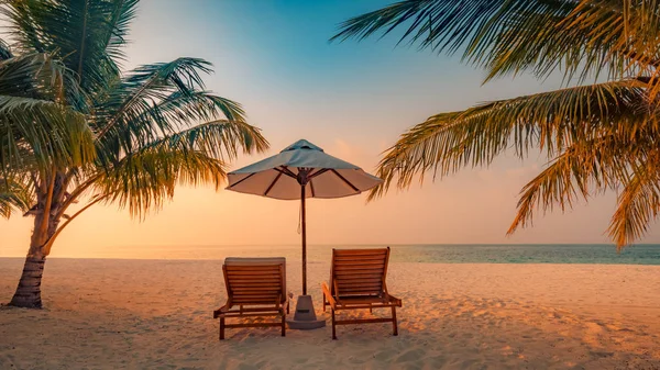 Romantik sahil sahne. Plaj sandalyeleri ve palmiye ağaçları. Moody mavi gökyüzü ve mavi lagün. Lüks seyahat etmek yaz tatil arka plan kavramı. — Stok fotoğraf