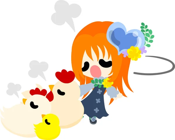 De illustratie van het leuke meisje en kip — Stockvector