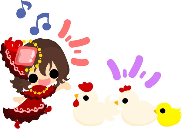 可爱的女孩和鸡的插图 — 图库矢量图片