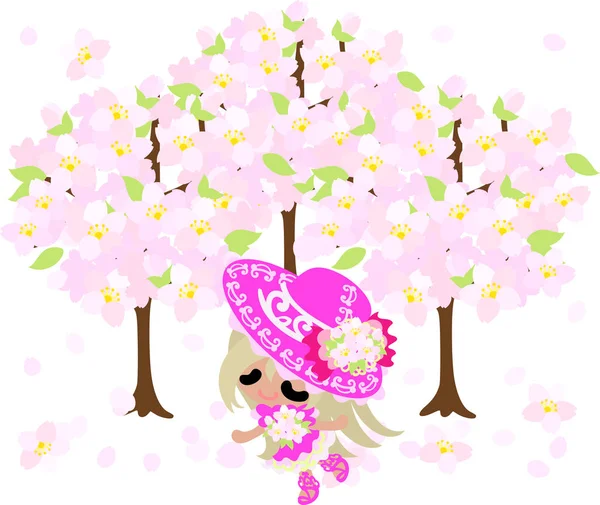 Ilustración de chicas lindas y objetos de flor de cerezo — Vector de stock