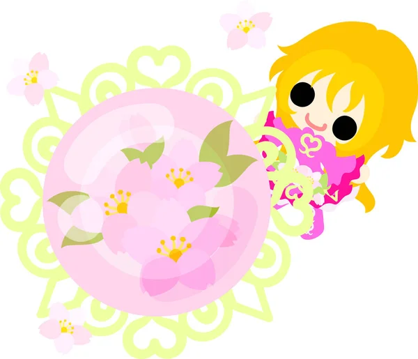 かわいい女の子と桜オブジェクトの図 — ストックベクタ