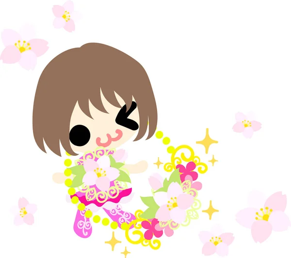 Illustrazione di ragazze carine e oggetti in fiore di ciliegio — Vettoriale Stock