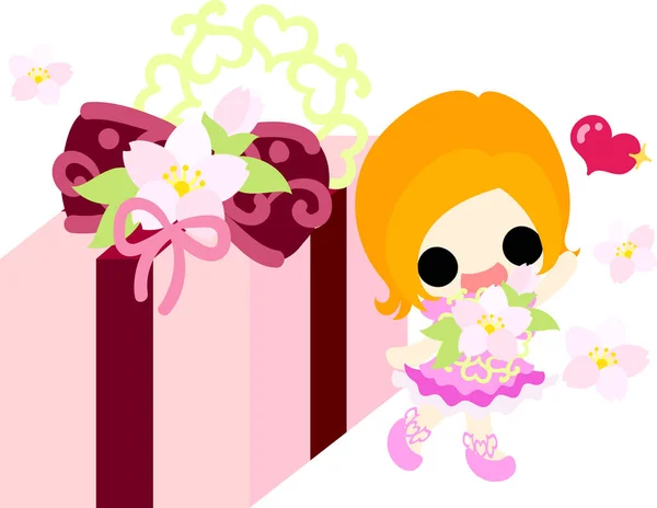 Ilustración de chicas lindas y objetos de flor de cerezo — Vector de stock