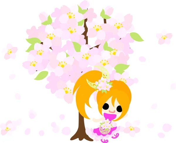 Illustrazione di ragazze carine e oggetti in fiore di ciliegio — Vettoriale Stock