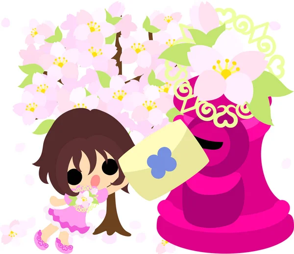 かわいい女の子と桜オブジェクトの図 — ストックベクタ