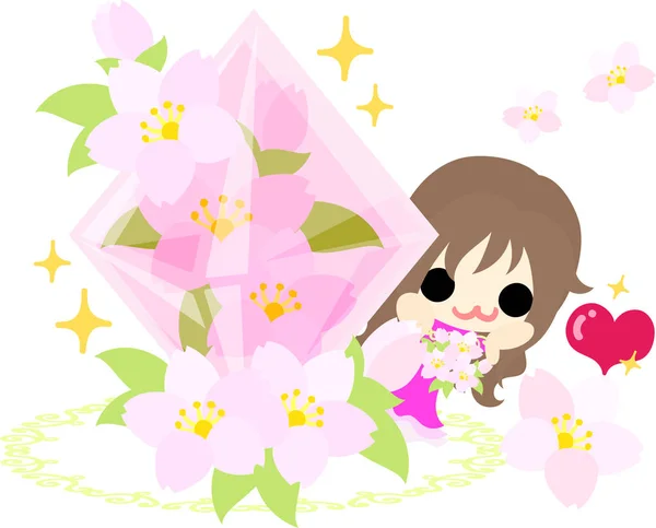 可爱的女孩和樱花对象插图 — 图库矢量图片