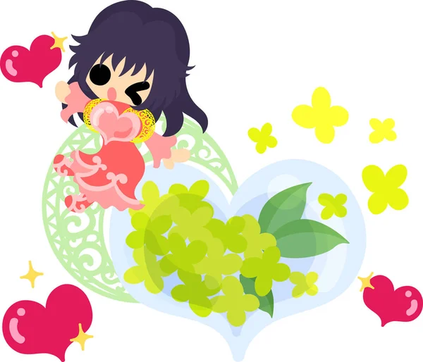 Linda chica y flores amarillas — Vector de stock