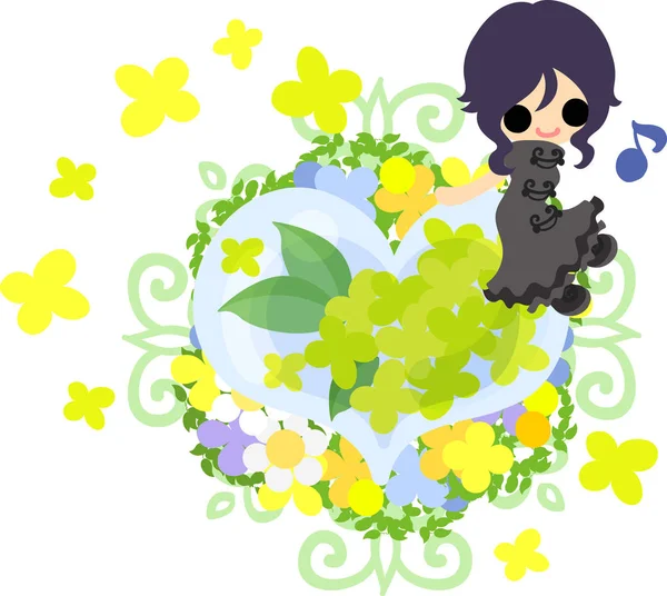 Linda chica y flores amarillas — Vector de stock