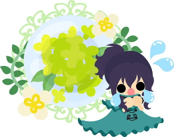 Linda chica y flores amarillas — Vector de stock