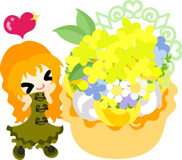 Linda chica y flores amarillas — Vector de stock