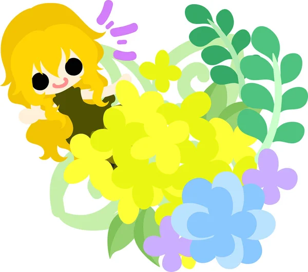 Linda chica y flores amarillas — Vector de stock