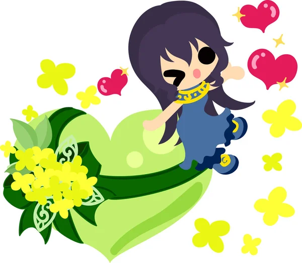 可爱的女孩和黄色的花 — 图库矢量图片