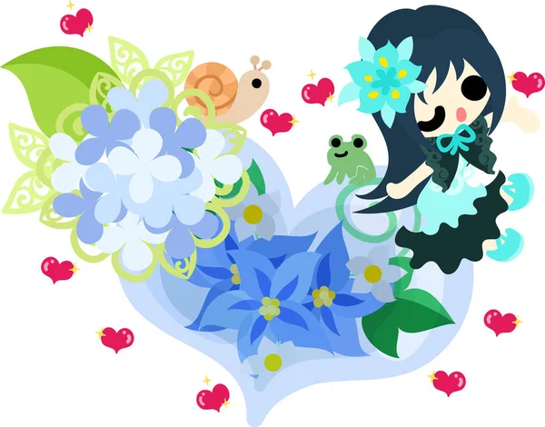 Una linda chica y hortensias — Vector de stock