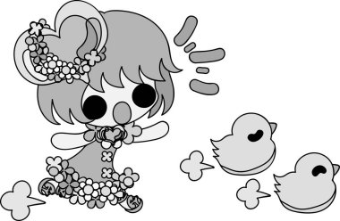 Sevimli kız ve tavuk çizimi