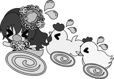 Sevimli kız ve tavuk çizimi