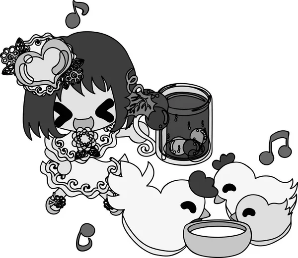 Sevimli kız ve tavuk çizimi