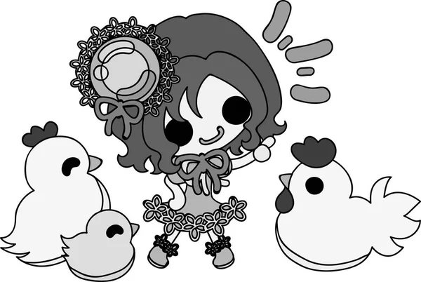 Sevimli kız ve tavuk çizimi