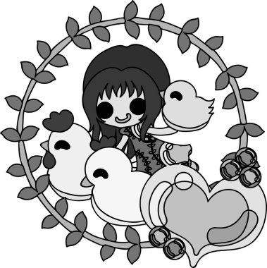 Sevimli kız ve tavuk çizimi