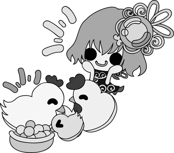 Sevimli kız ve tavuk çizimi