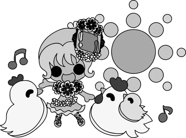 Sevimli kız ve tavuk çizimi